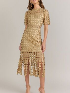 Just Me Circle Crochet Fringe Gold Textured Mesh Cocktail Party Romantic
